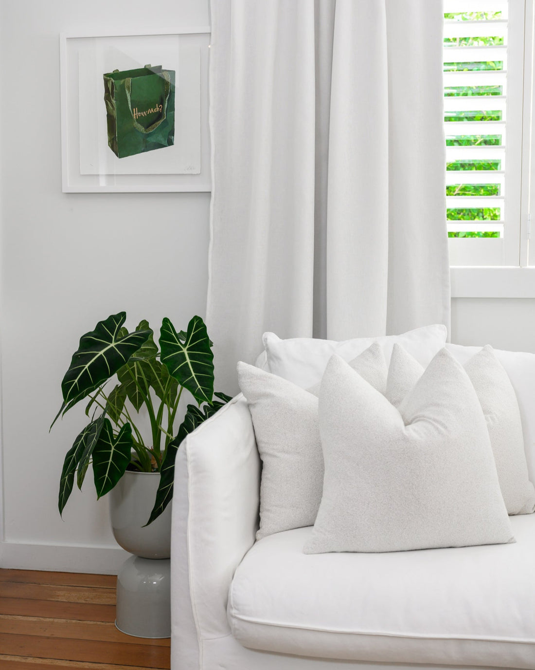 Brooklyn Boucle cushions with plump feather and down inners styled on a modern white couch — the perfect finishing touch for a designer look.