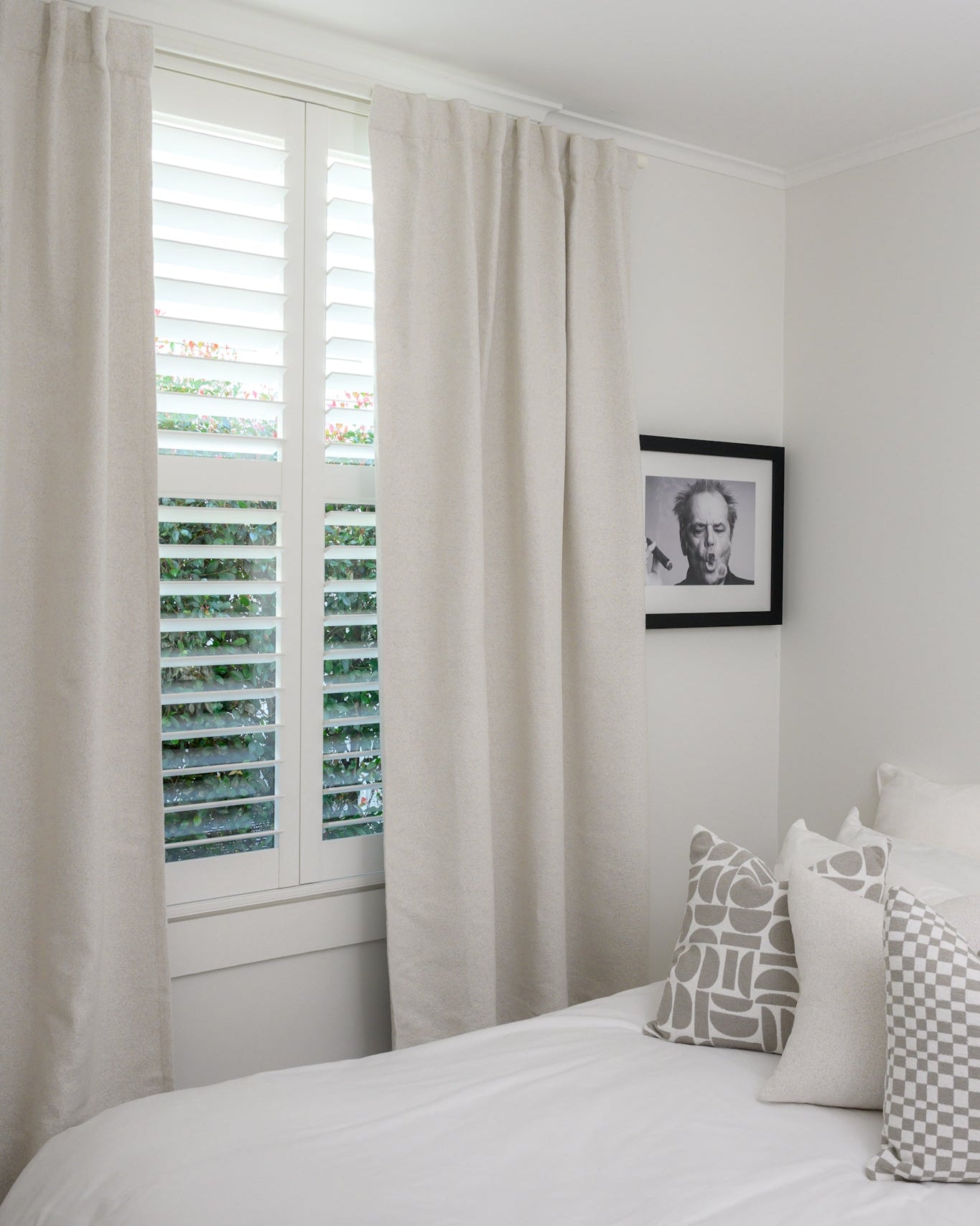 Brooklyn Boucle Curtain in a neutral bedroom with grey accents, creating a soft, timeless designer look.