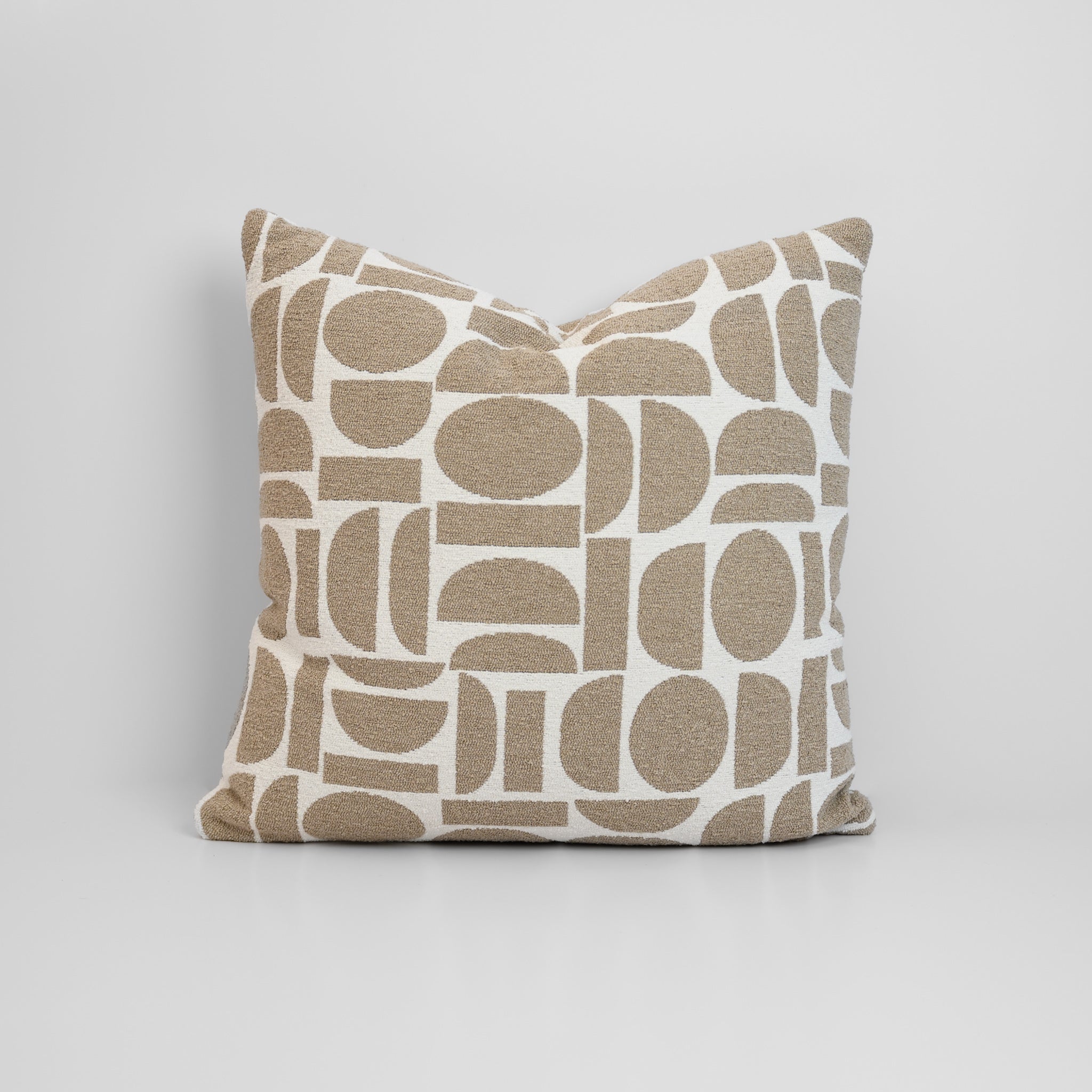 Chelsea Crescent Cushion in Taupe with boucle texture and geometric design, styled for a chic, modern finish.