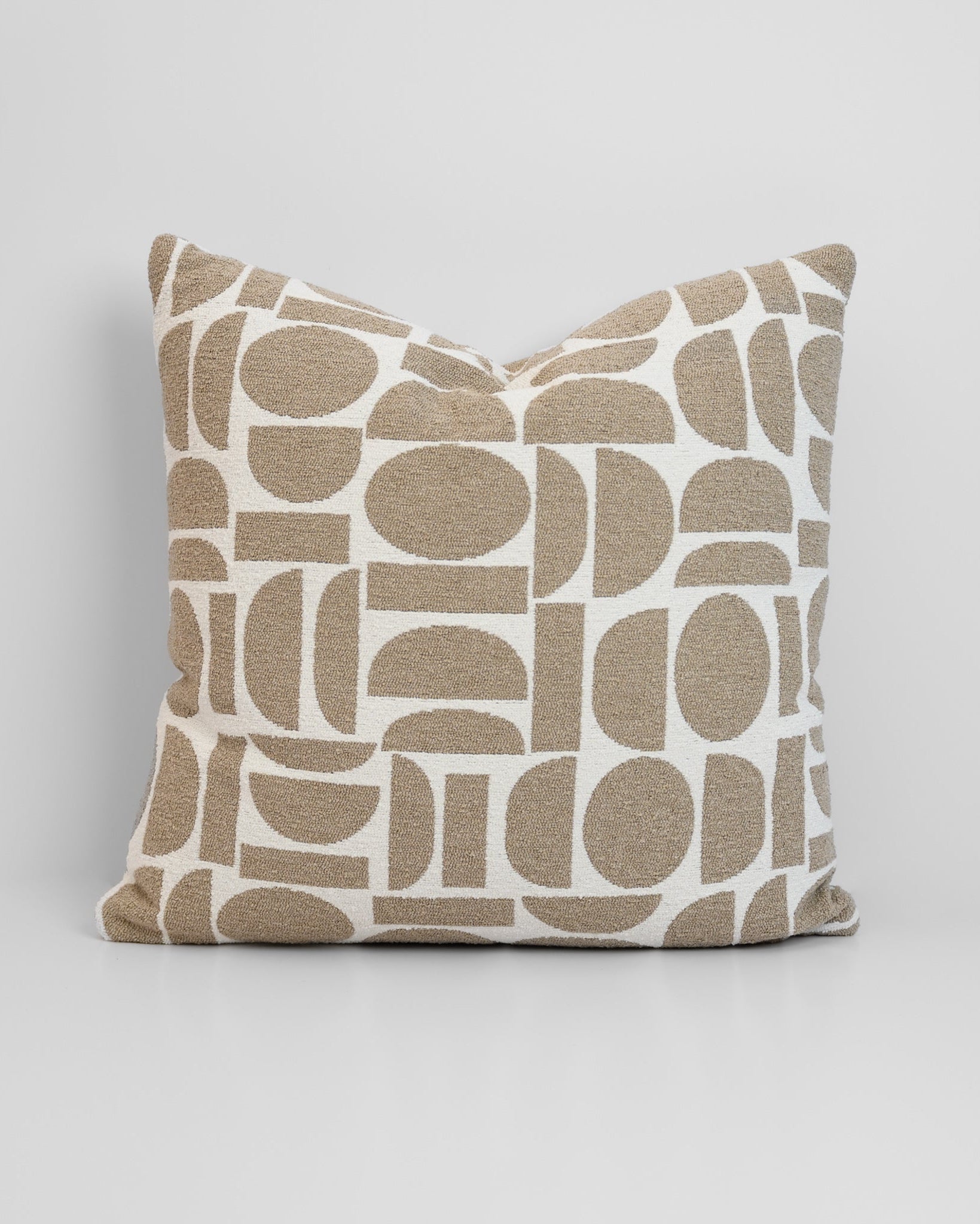 Chelsea Crescent Cushion in Taupe with boucle texture and geometric design, styled for a chic, modern finish.