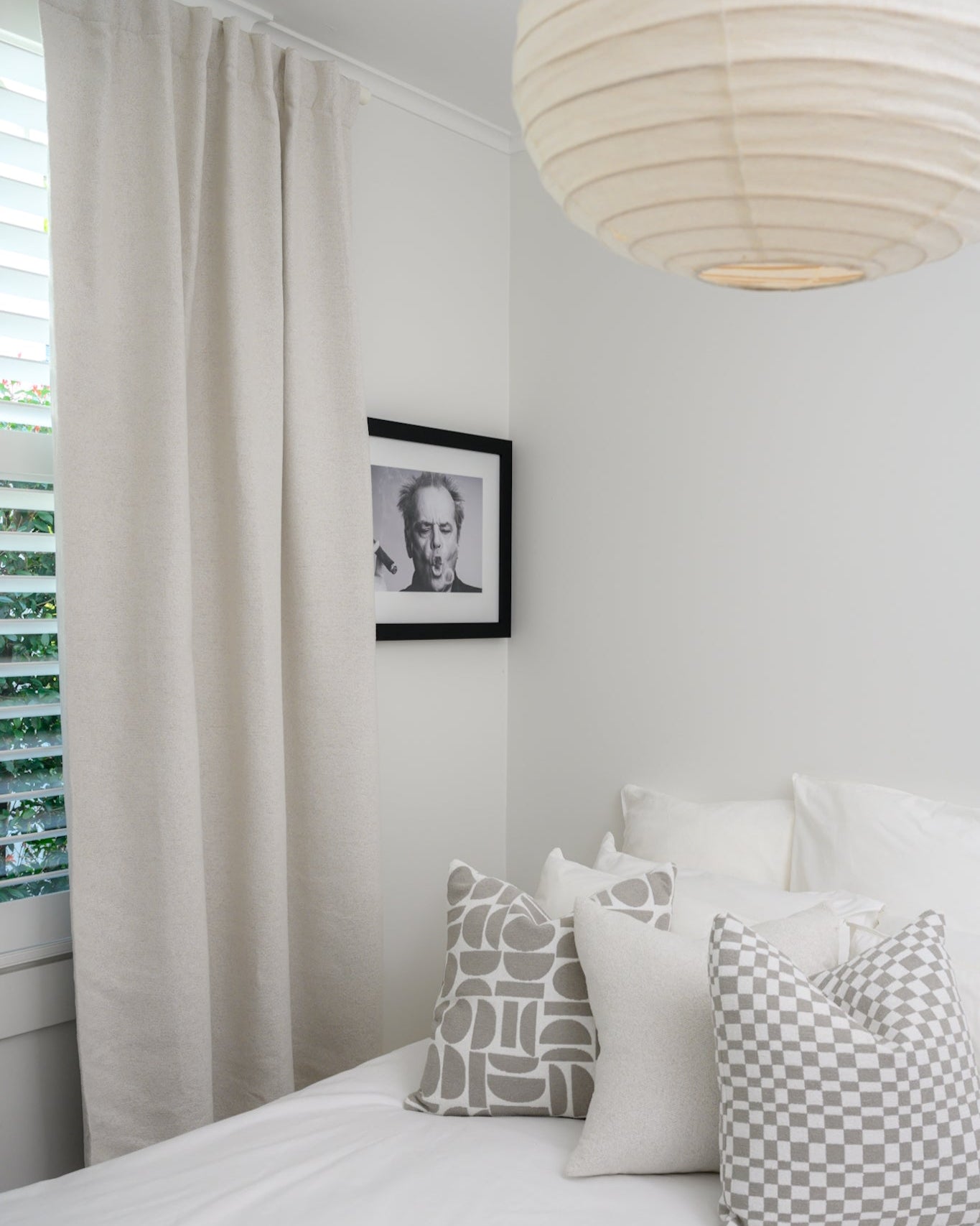 Neutral bedroom styled with Brooklyn Boucle curtain and grey accents, adding warmth, texture, and a relaxed designer finish.