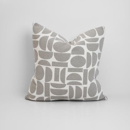 Chelsea Crescent Cushion in Dove Grey with boucle texture and geometric design, styled for a chic, modern finish.